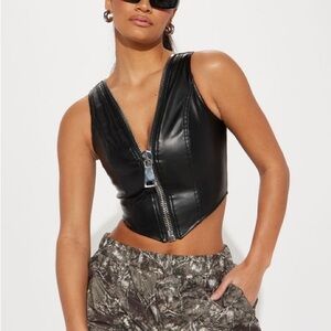 Black oversized zipper Leather Crop Top